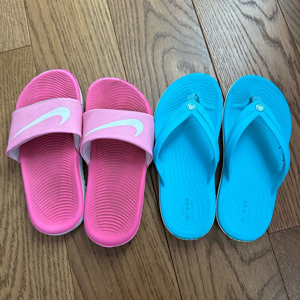 Nike Kids Pink Slides and Crocs Blue Flip Flops